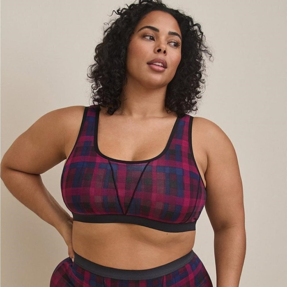 Torrid - Unlined Cotton Seamed Scoop Bralette in Multi Block Plaid Black - Picture 10 of 11